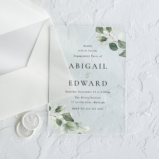 Modern Minimal Green Leaf Engagement Party Acrylic Invitations (Creator Uploaded)
