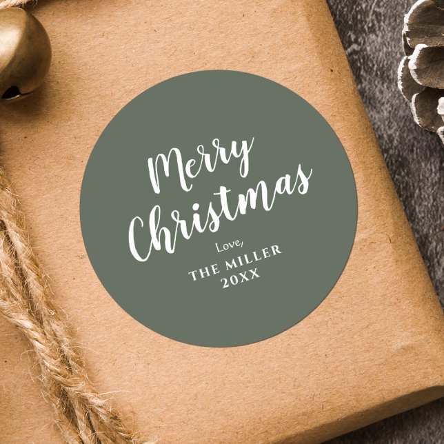 Modern Minimal Green Merry Christmas Family  Classic Round Sticker (Creator Uploaded)