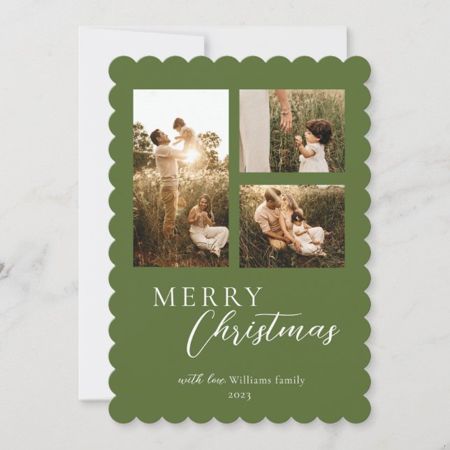 Modern minimal green photo christmas holiday card (Front)