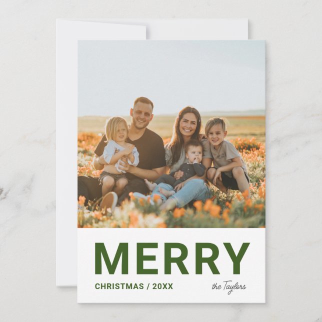Modern Minimal Green Photo Merry Christmas  Holiday Card (Front)