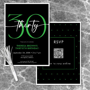 Modern Minimal Green Thirty Script Birthday QR Invitation
