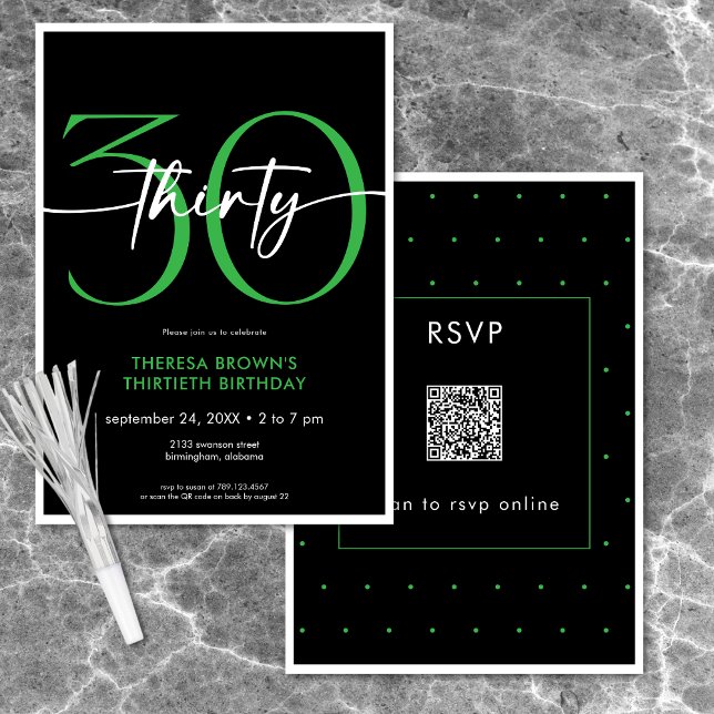 Modern Minimal Green Thirty Script Birthday QR Invitation (Modern Minimal Green Thirty Script Birthday QR Invitation)