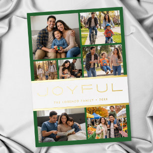 Modern Minimal Green White 7 Photo Collage Joyful Foil Holiday Card