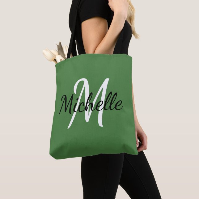 Modern Minimal Green & White Monogram Tote Bag (Close Up)