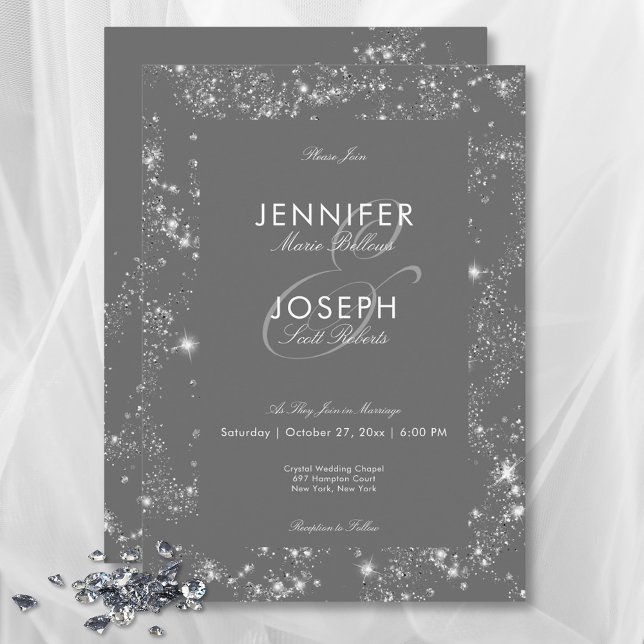Modern Minimal Grey Glam Diamond Frame Wedding Invitation (Modern Minimal Gray Glam Diamond Frame Wedding Invitation)