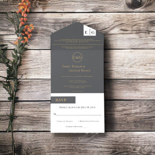 Modern Minimal Grey Gold Monogram Elegant Wedding All In One Invitation