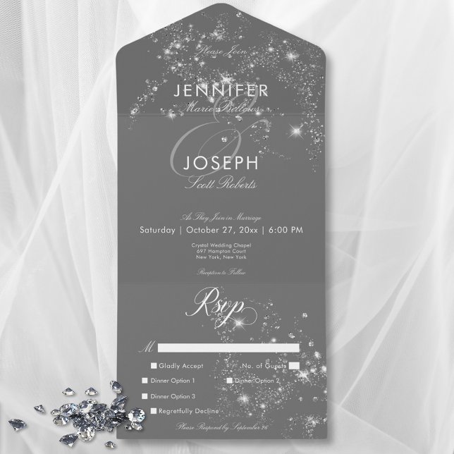 Modern Minimal Grey & White Glam Diamonds Dinner All In One Invitation (Modern Minimal Gray & White Glam Diamonds Dinner All In One Invitation)