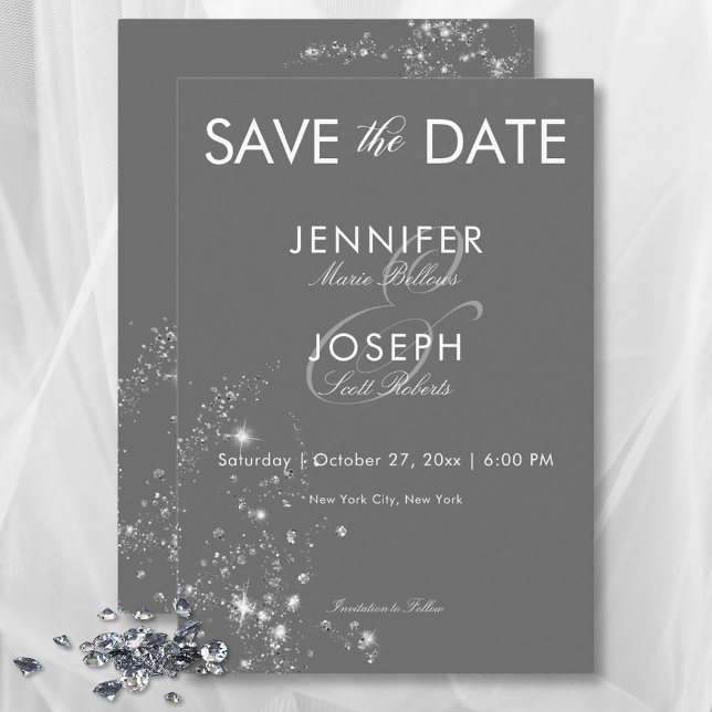 Modern Minimal Grey & White Glam Diamonds Wedding Save The Date (Modern Minimal Gray & White Glam Diamonds Wedding Save The Date)