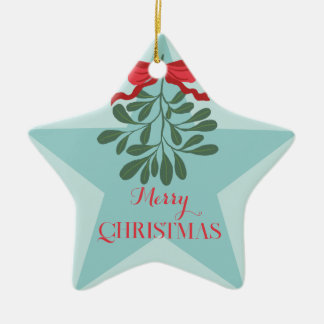 Modern minimal hand drawn leaves red bow christmas ceramic ornament