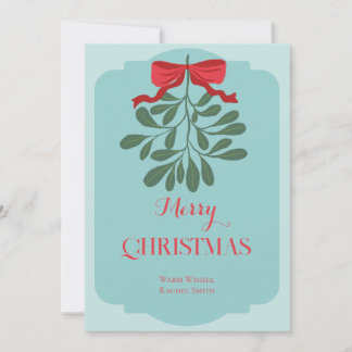 Modern minimal hand drawn leaves red bow christmas holiday card