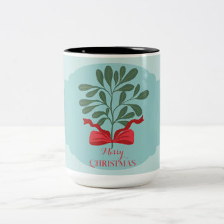 Modern minimal hand drawn leaves red bow christmas Two-Tone coffee mug