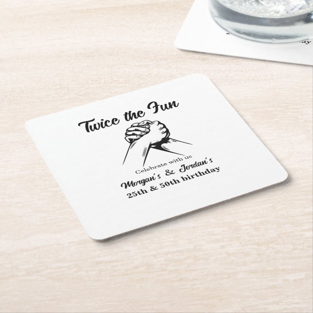 Modern Minimal Hands Grey Joint Birthday Square Paper Coaster (Angled)