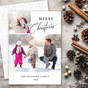 Modern Minimal Handwriting 2 Photo Merry Christmas Holiday Card