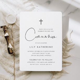 Modern Minimal Handwritten Script First Communion Invitation