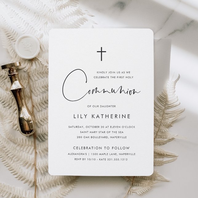 Modern Minimal Handwritten Script First Communion Invitation (Creator Uploaded)
