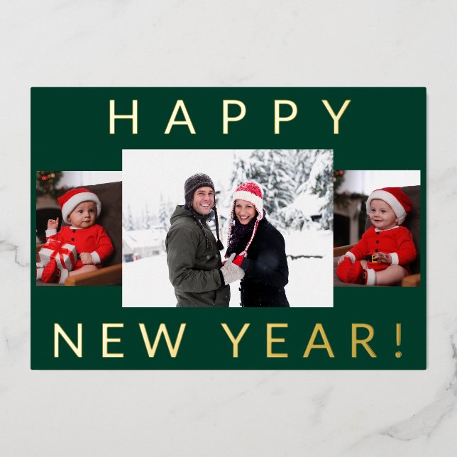 Modern Minimal Happy New Year Green and Real Gold Foil Holiday Card (Front)