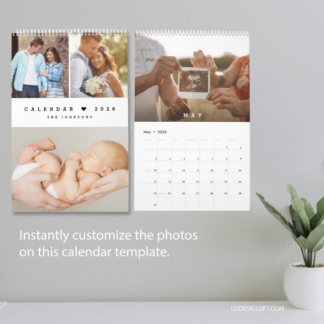 Modern Minimal Heart Customisable Family Photo Calendar (EASY TO USE modern customizable family photo calendar.)