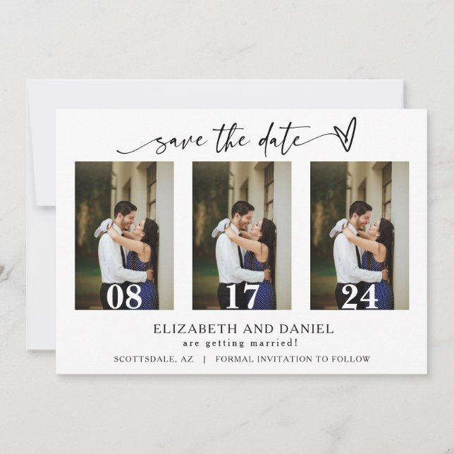 Modern Minimal Heart Photo Collage Save the Date Invitation (Front)