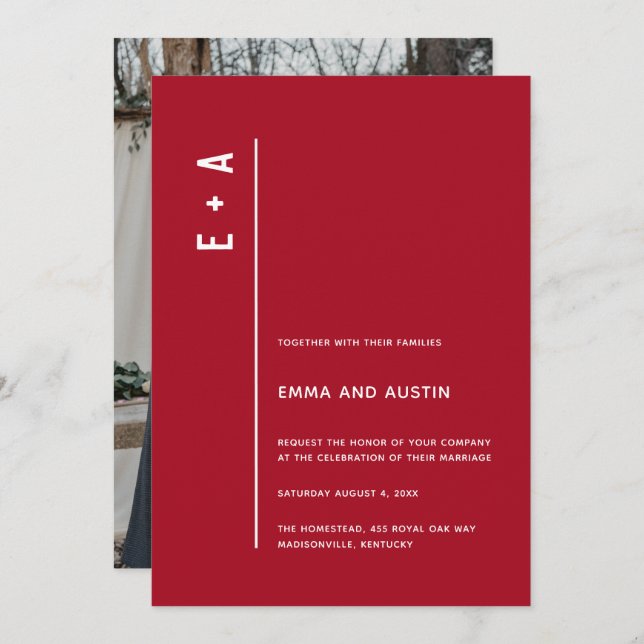 Modern Minimal Initials Bold Red Wedding Invitation (Front/Back)