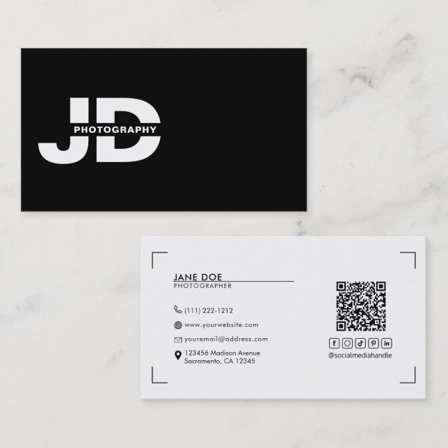 Modern Minimal Initials Camera Photographer  Business Card (Front/Back)