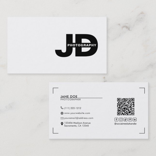 Modern Minimal Initials Camera Photographer  Business Card (Front/Back)