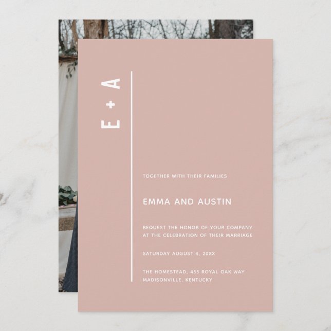 Modern Minimal Initials Dusty Rose Pink Invitation (Front/Back)