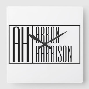 Modern Minimal Initials & Name Logo Square Wall Clock