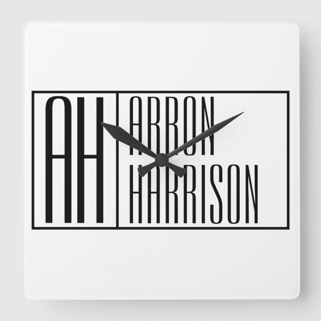 Modern Minimal Initials & Name Logo Square Wall Clock (Front)