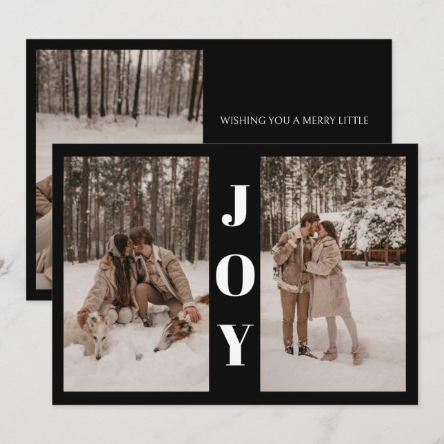 Modern Minimal Joy Christmas Black 3 Photo  Holiday Card (Front/Back)