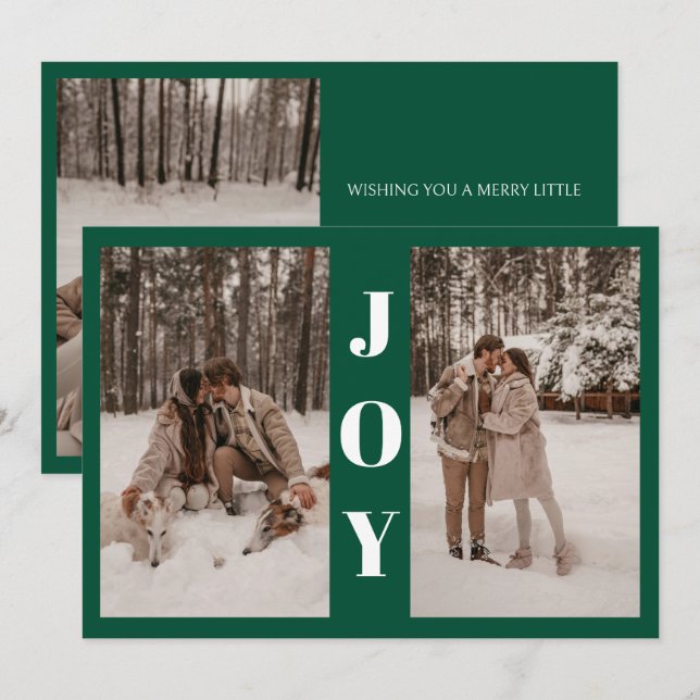 Modern Minimal Joy Christmas Green 3 Photo  Holiday Card (Front/Back)