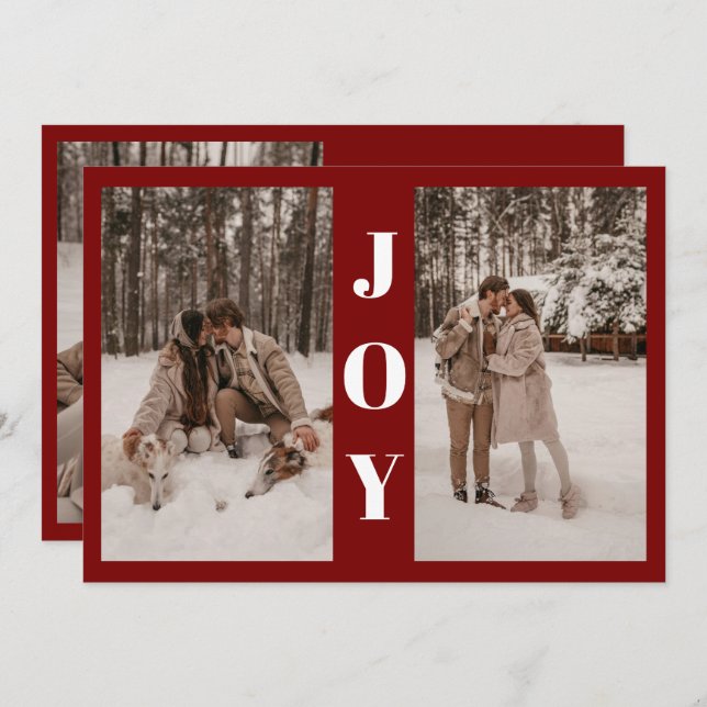 Modern Minimal Joy Christmas Red 3 Photo  Holiday Card (Front/Back)