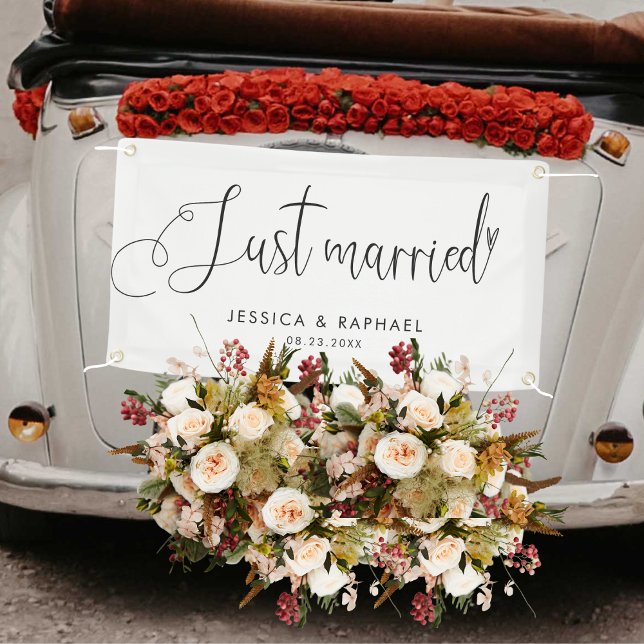 Modern Minimal Just Married Mr and Mrs Wedding Car Banner (Creator Uploaded)