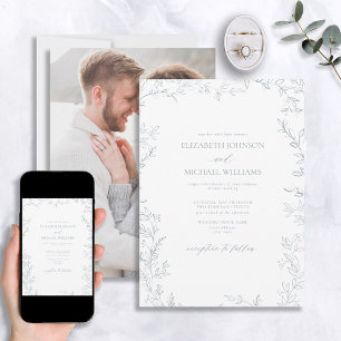 Modern Minimal Leaf Dusty Blue Photo Wedding Invitation