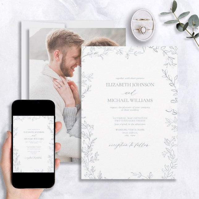 Modern Minimal Leaf Dusty Blue Photo Wedding Invitation (Creator Uploaded)