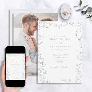 Modern Minimal Leaf Sage Green Photo Wedding Invitation
