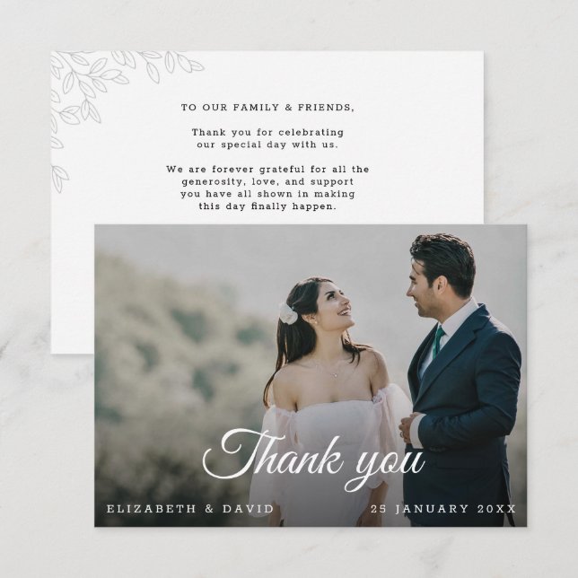 Modern Minimal Leaves Elegant Photo Script Wedding Thank You Card (Front/Back)