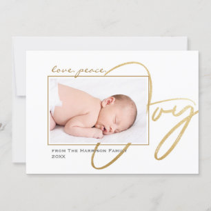 Modern Minimal Love Peace Joy Baby Photo Family Holiday Card