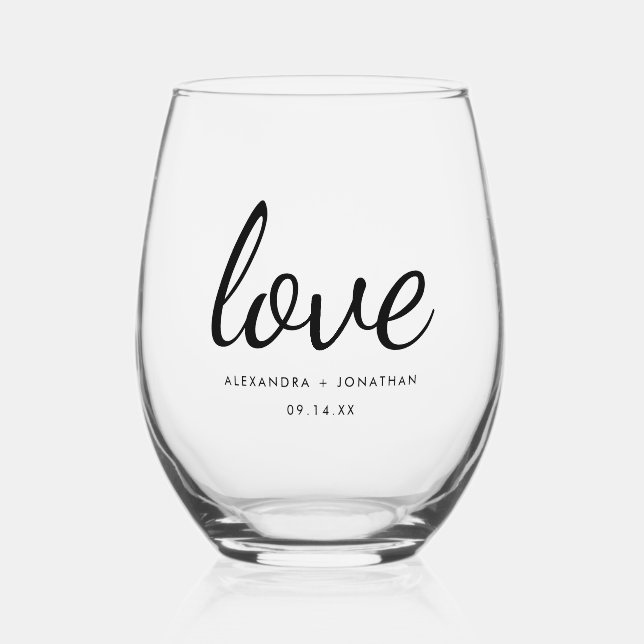 Modern Minimal 'Love' Wedding Couple Names & Date Stemless Wine Glass (Front)