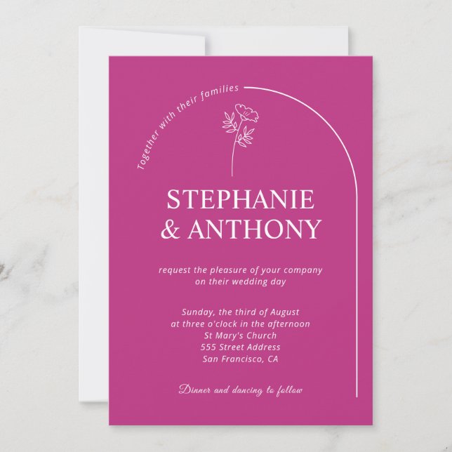 Modern Minimal Magenta Arch Wildflower Wedding Invitation (Front)