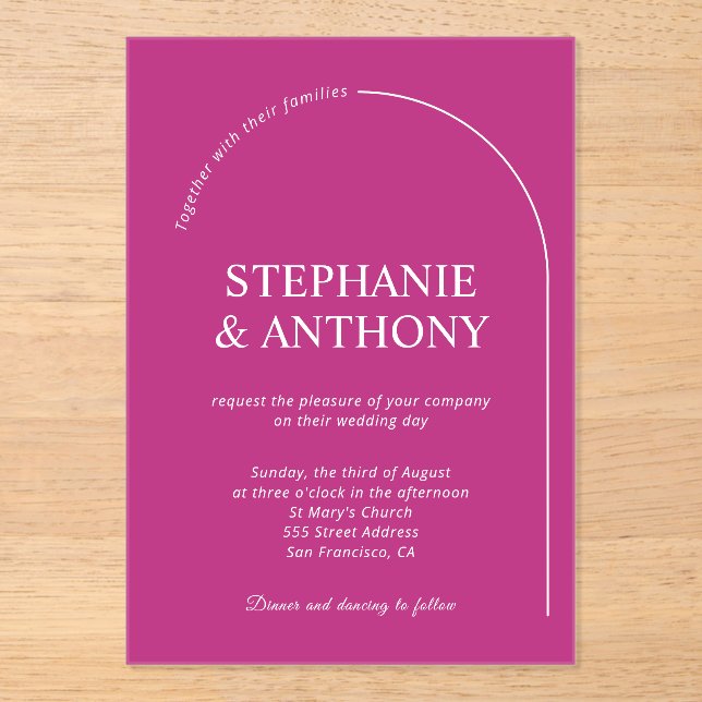 Modern Minimal Magenta with Arch Wedding    Acrylic Invitations (Front)