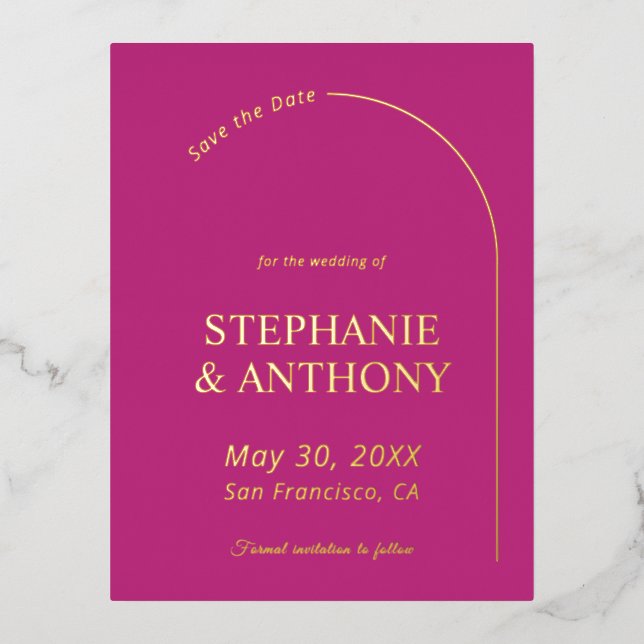 Modern Minimal Magenta with Arch Wedding    Foil Invitation Postcard (Front)