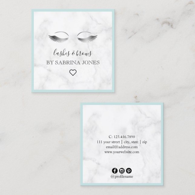 Modern minimal marble silver lashes & brows square business card (Front/Back)