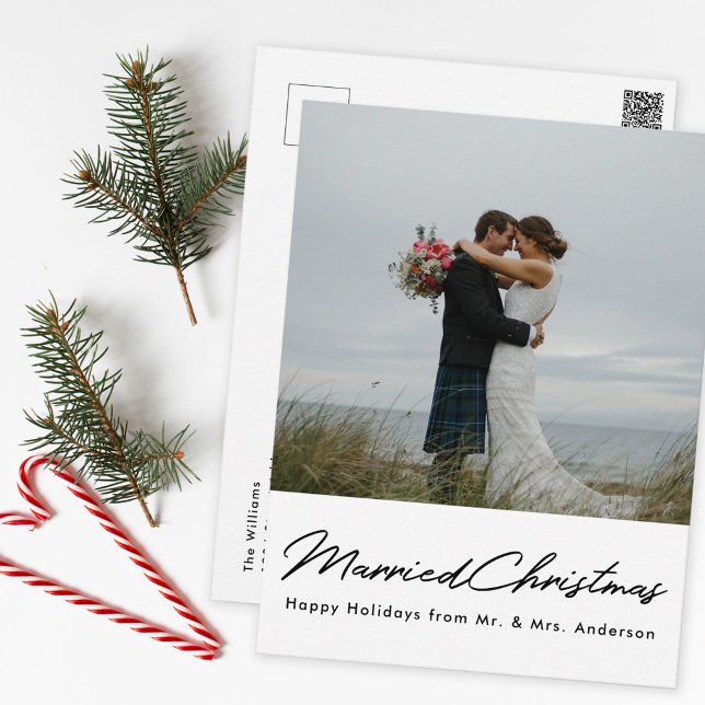 Modern Minimal Married Christmas Newlywed Photo Postcard (Creator Uploaded)