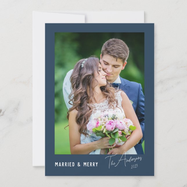 Modern Minimal Married & Merry Newlywed Holiday Card (Front)