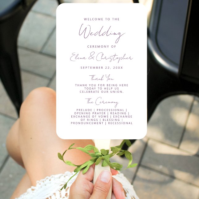 Modern Minimal Mauve Script Wedding Program Hand Fan (Creator Uploaded)