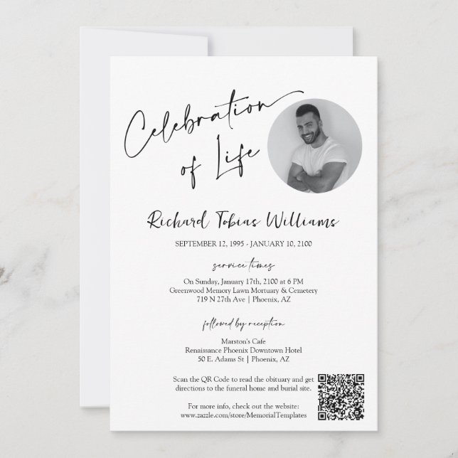 Modern Minimal Memorial Funeral Photo QR Code Invitation (Front)