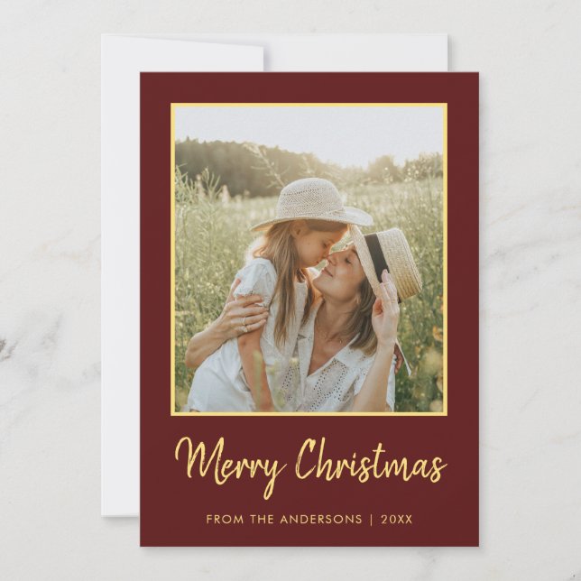 Modern Minimal Merry Christmas Burgundy and Gold   Holiday Card (Front)