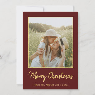 Modern Minimal Merry Christmas Burgundy and Gold   Holiday Card