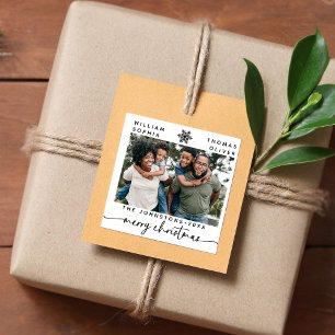 Modern Minimal Merry Christmas Family Names Photo Square Sticker