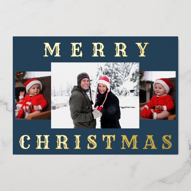 Modern Minimal Merry Christmas Family Photo, Blue  Foil Holiday Card (Front)